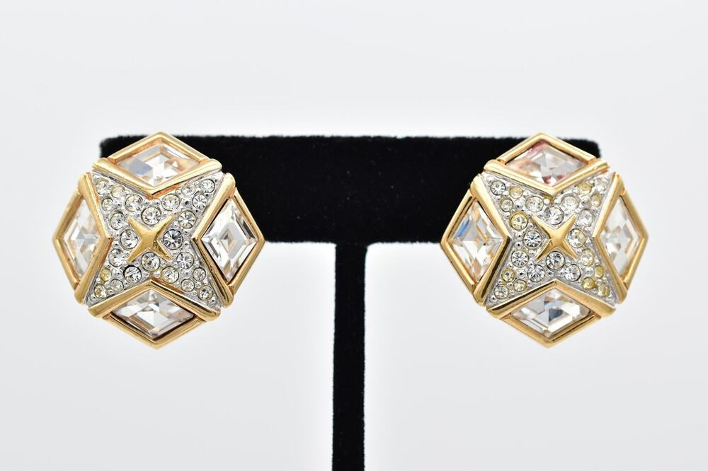 Swarovski Vintage Chunky Gold Crystal Clip On Earrings Swan Signed 1980s Retro